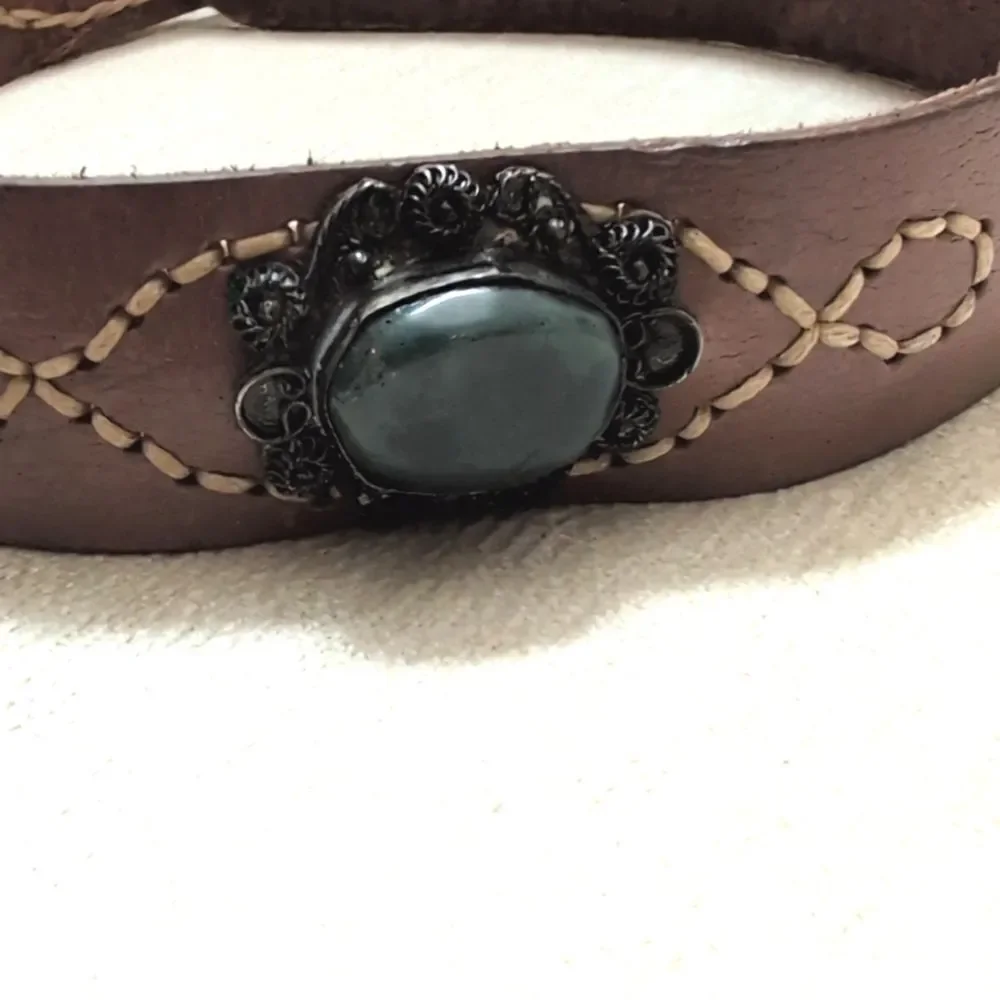Brown Leather Belt with Cabachon Stone Medallions & Silver Scroll Work Buckle